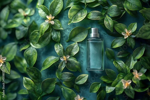 Glass Perfume Bottle Mockup with Green Leaves and Flowers on Teal Background

