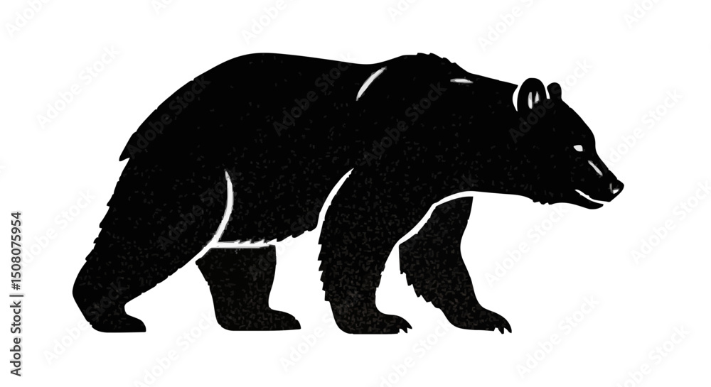 Fototapeta premium Silhouette of a black bear walking with its head turned to the right on a white background view