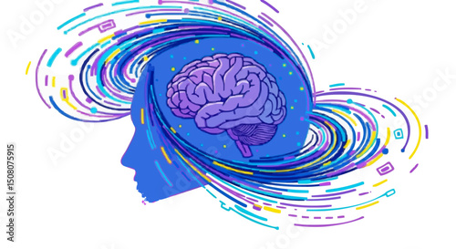 Stylized human head profile with brain inside and colorful abstract swirling lines around it art