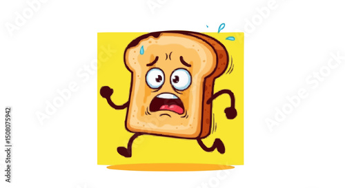 Cartoon toast running away with a scared expression on a yellow background in a comical style design