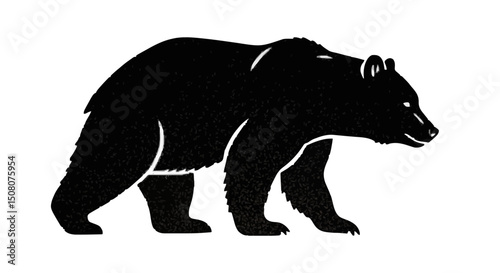Silhouette of a black bear walking with its head turned to the right on a white background view