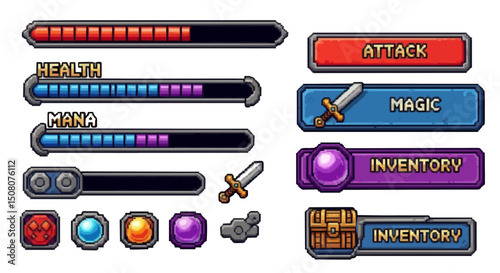 Illustration of game ui elements including health mana attack magic and inventory bars and buttons