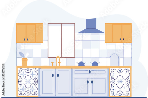 Cozy illustrated kitchen interior design with blue and orange color scheme and decorative tiles