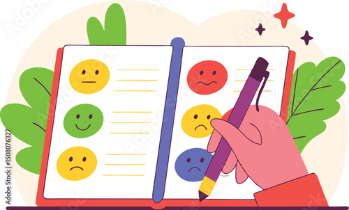 Customer satisfaction survey recording emotion feedback with pen and smiley faces