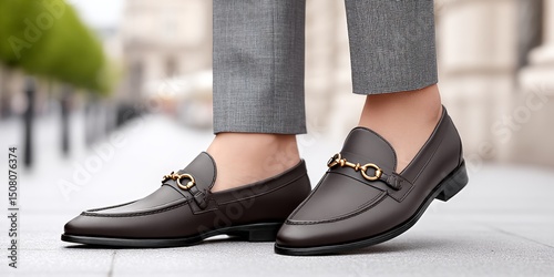 A man wearing classic brown loafers with tailored trousers walking down the street