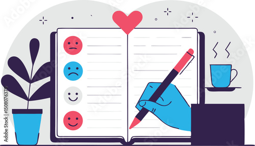Customer satisfaction survey with emoji feedback and hand pen writing in a notebook