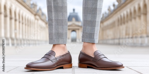 A man wearing classic brown loafers with tailored trousers walking down the street