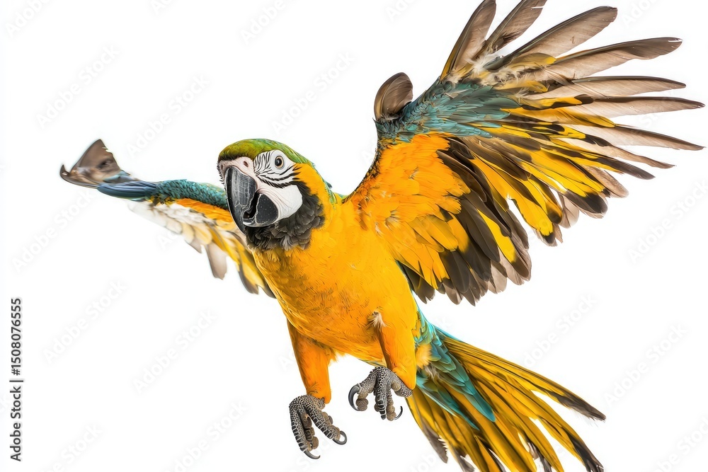 Obraz premium A vibrant yellow and blue macaw in flight against a white background.
