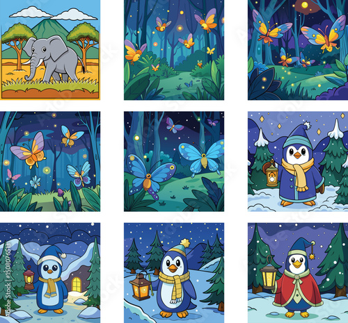 Cartoon Scenes Collection Elephant In Savannah Butterflies In Forest Penguin In Winter