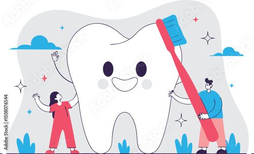 Cute smiling tooth with people brushing teeth concept promoting dental health