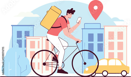 Delivery person riding bicycle with food bag using a navigation app to deliver in the city