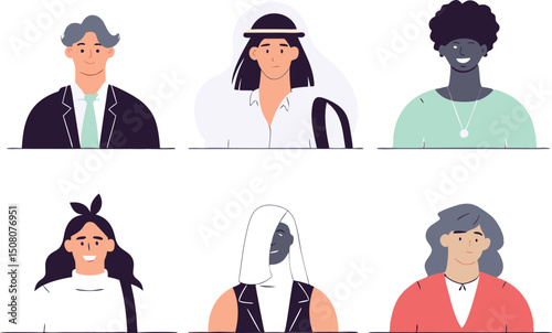 Diverse group of people representing various cultures in a modern flat illustration