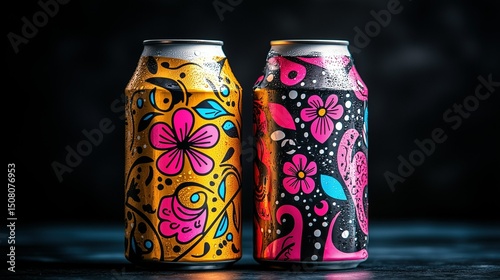 Two colorful cans with water droplets on the surface, decorated with floral patterns, suitable for beverage advertising, packaging design, art exhibitions, festival event promotions, social media