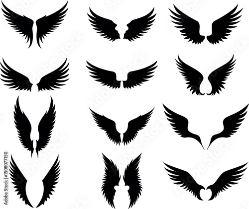 Black Angel Wings Silhouette Set Vector Illustration