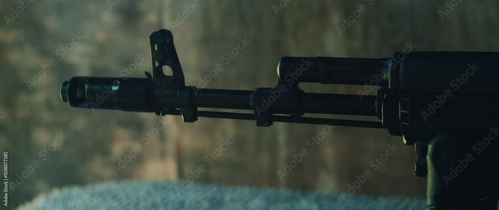 Closeup view of tactical rifle muzzle emits flash and smoke during ...