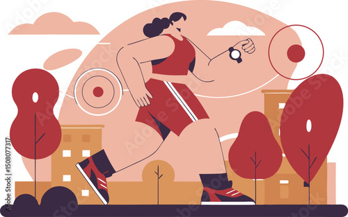 Energetic woman running in city park wearing fitness tracker and training outdoors for exercise