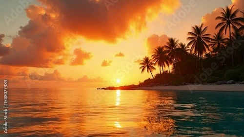 Tropical beach sunset with palm trees and orange sky reflection Seamless looping 4k time - lapse virtual video animation background