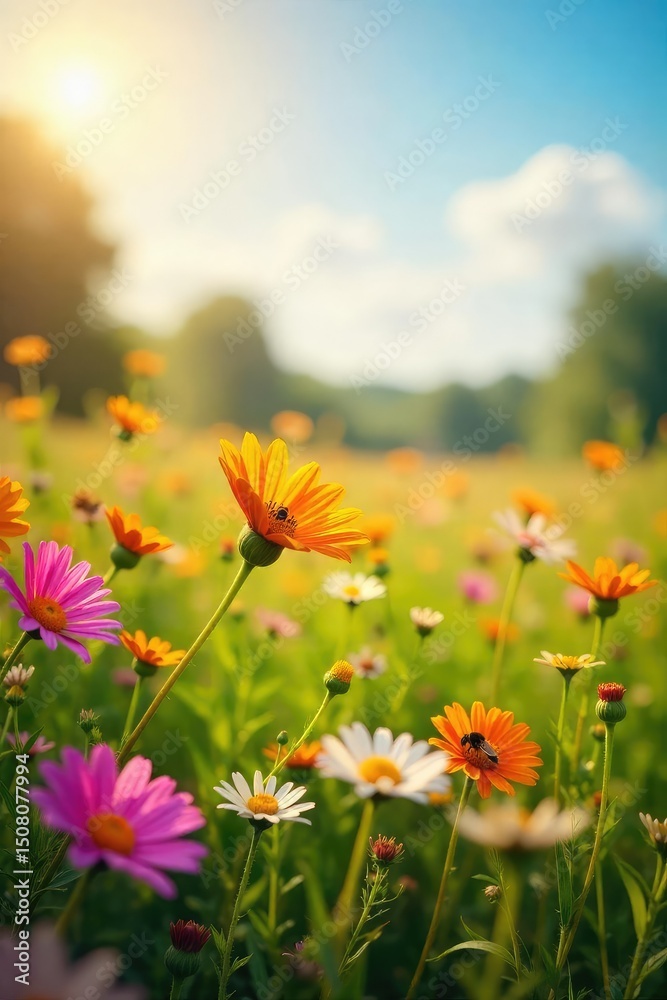 Obraz premium Sun-drenched wildflowers in a vibrant meadow, buzzing with bees on a warm summer's day Perfect for nature, summer, and seasonal themes , sunlight, pollen