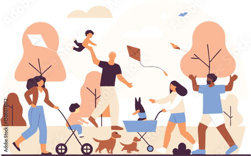 Happy families and friends enjoying recreational activities outdoors together on a sunny day