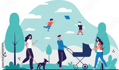 Happy family enjoying leisure time together playing with kites and walking in the park
