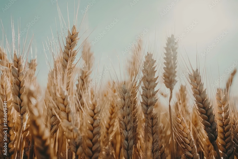 Fototapeta premium Close-up view of golden wheat stalks against a pale sky.