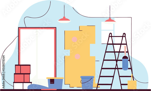 Home renovation illustration featuring ladder buckets boxes and decorative room elements