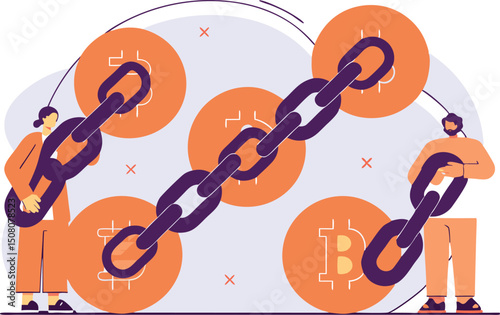 Illustrated concept of blockchain technology represented with bitcoin icons and linked chains