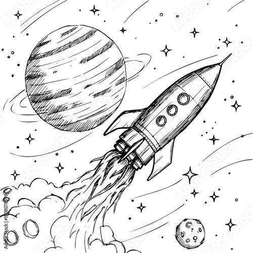 Space rocket launches from alien planet, sci-fi poster. Vector sketch. E{S 10 version.
