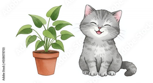 Delightful Watercolor Gray Kitten with Closed Eyes Smiling Next to Potted Plant Isolated on White Background Charming Illustration Captures a Peaceful Moment with Muted Colors and Soft Lighting