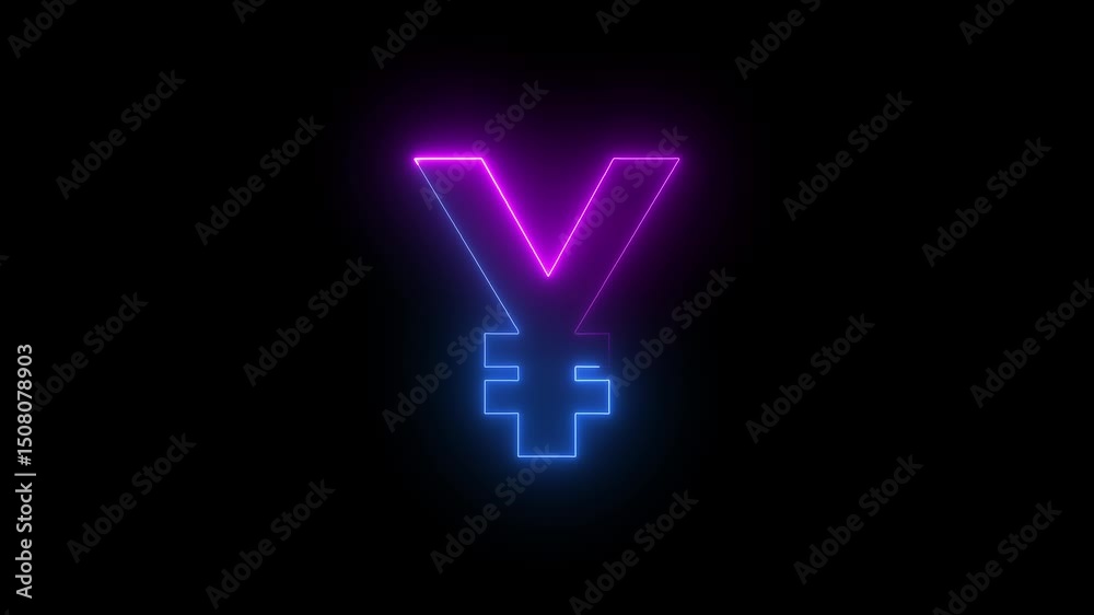 Neon glowing Yuan icon isolated on dark background. Currency symbol animation