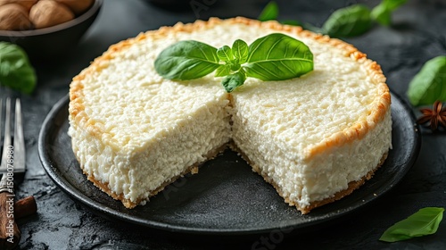 Close up of a ricotta cheesecake with a slice cut out and basil garnish on a black plate