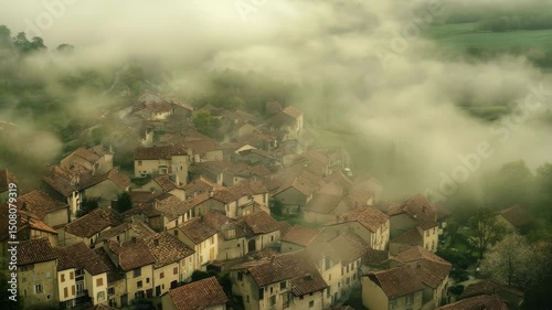 Mist envelops the historic village of Prouges in France, revealing charm and tranquility, Aerial view around the village PÃ©rouges in France on a cloudy afternoon in early spring photo