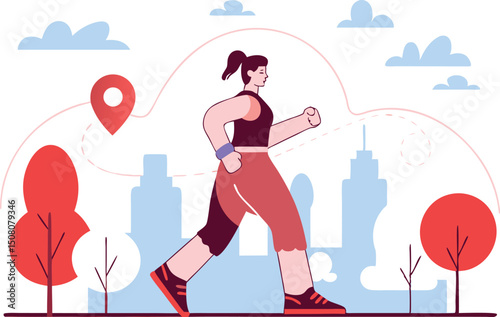 Illustration of a woman running through a city towards a location marker with clouds