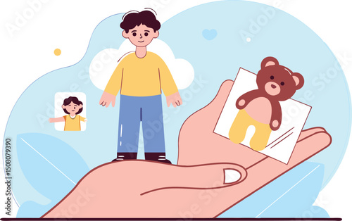 Illustration of child with a teddy bear held by a hand representing care and support