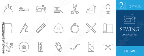 Sewing icon set featuring needle, thread, fabric, pincushion, scissors, sewing machine, tailor tools, and patterns. Perfect for fashion, textile, and crafts