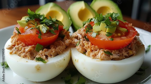 Close up of deviled eggs with tuna salad tomato and avocado on a white plate with avocado halves