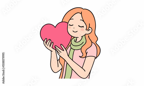 cute woman hugging heart shaped object cartoon illustration