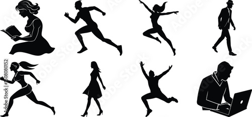 Young people and teenagers performing different activities silhouette set, dancing, singing, walking, reading, playing, running. Vector isolated on transparent background.