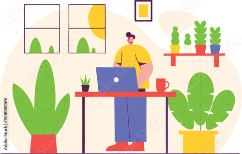 Man working from home at desk with laptop surrounded by potted plants