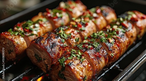 Close up of grilled meat rolls with herbs and spices on a grill with flames underneath it