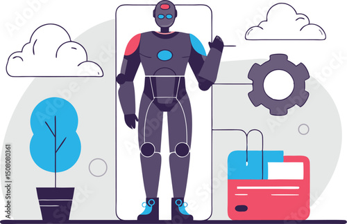 Modern futuristic robot with associated graphics representing technology and innovation in illustration