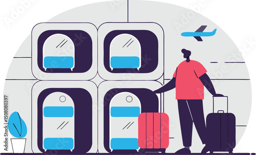 Modern vector illustration of a traveler with luggage ready for air travel or travel