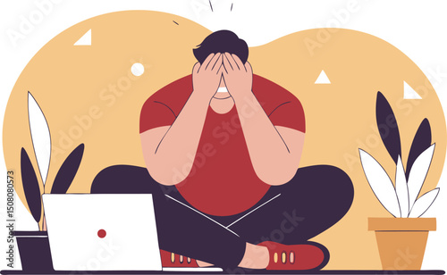 Overwhelmed person covering eyes sitting with laptop expressing stress and emotional exhaustion