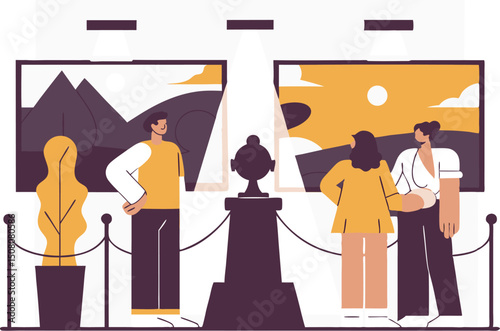 People admiring art at a museum exhibition flat illustration modern aesthetic design