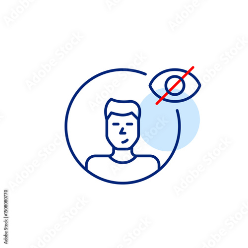 Vector icon of male user with crossed-out eye, symbolizing hidden profile, private mode, or invisible user status. Ideal for social apps, privacy settings, and user interfaces