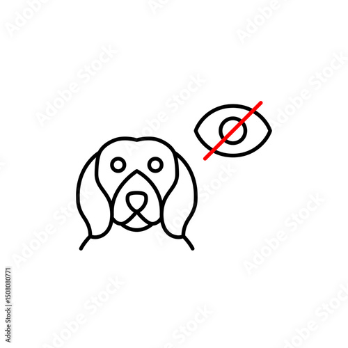 Vector icon of dog with crossed-out eye, symbolizing hidden pet status, privacy mode, or invisible monitoring. Ideal for pet apps, smart devices, and privacy settings