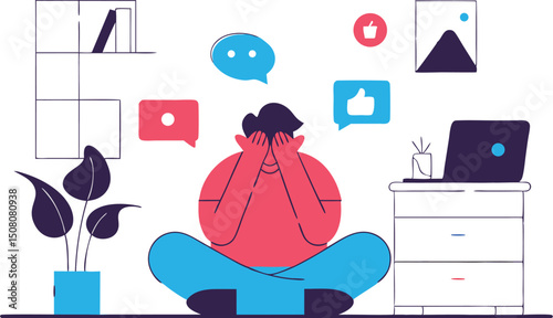 Person overwhelmed by social media notifications sitting in a meditative pose illustration