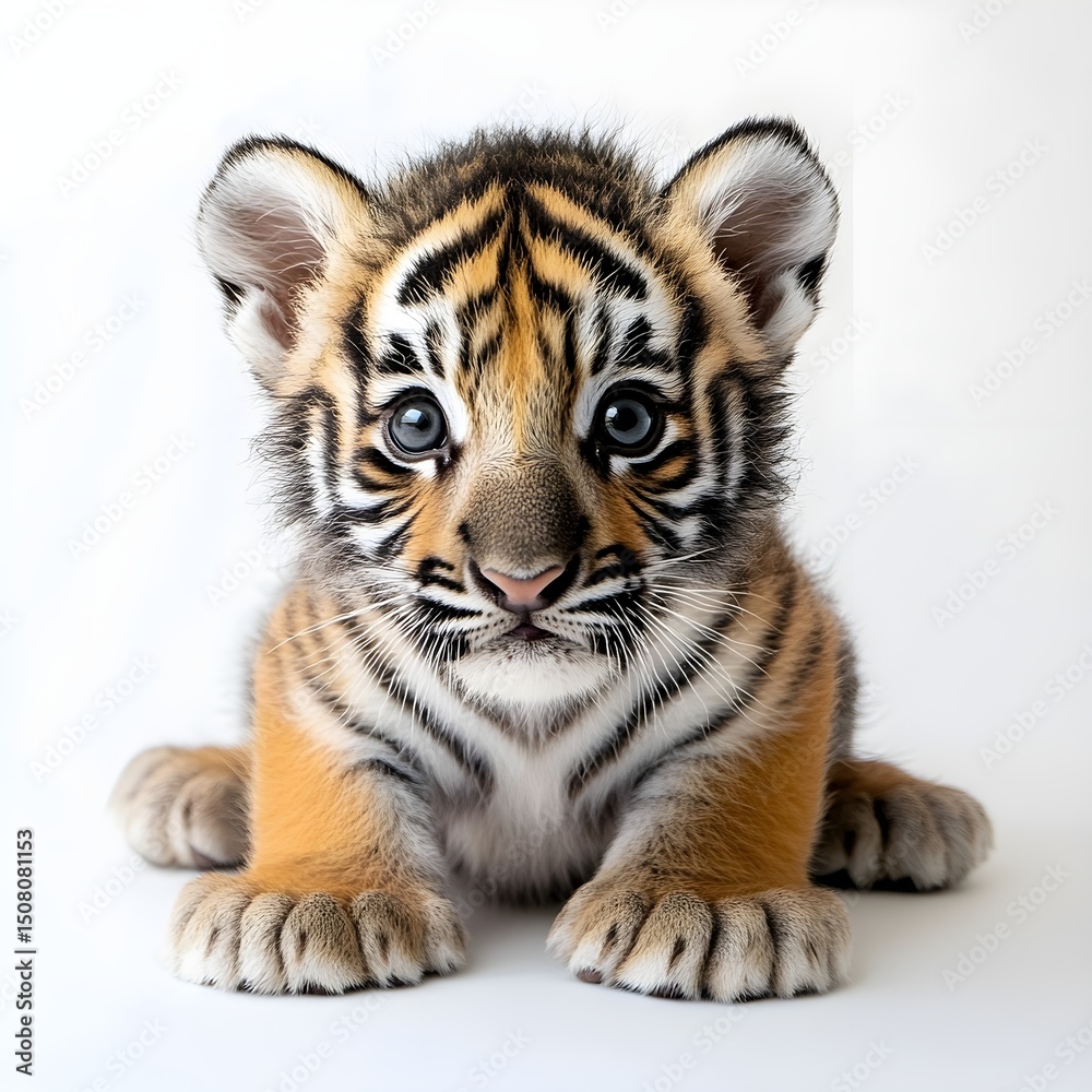 Obraz premium A tiger cub sitting on a plain white background, showcasing its distinctive orange and black stripes.