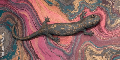 Colorful Lizard on Abstract Surface