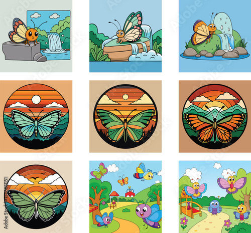 Colorful Butterfly Cartoon Illustrations With Nature Elements And Playful Characters